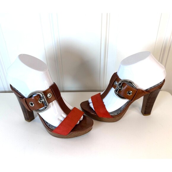 Gianni Bini T-Strap Leather Mules Heels Orange & Brown US 8M - Picture 3 of 10
